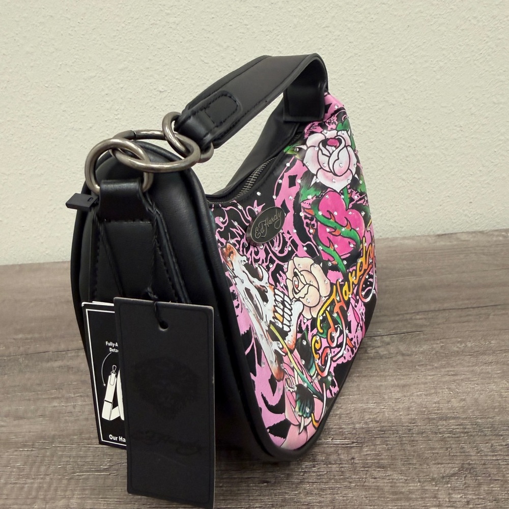 Ed Hardy Black and Pink Skull Tattoo Shoulder Bag NWT Purse - Picture 4 of 6